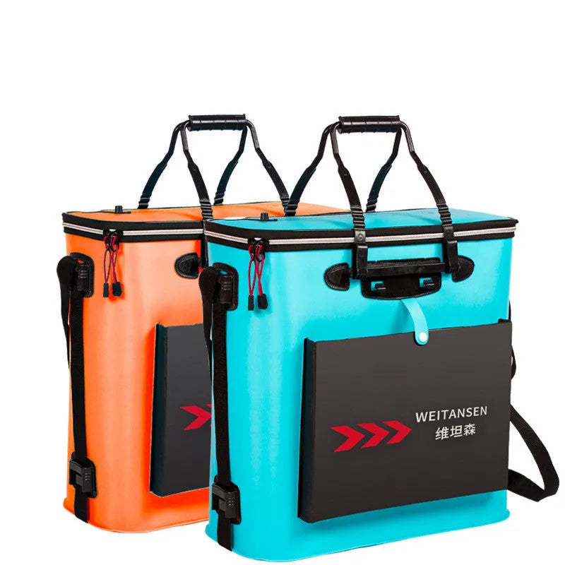 Flbear foldable waterproof EVA fish bucket for carp fishing measuring 42x42x21cm in blue and orange