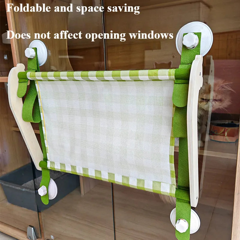 Wooden cat window hammock with linen fabric mounted by suction cups
