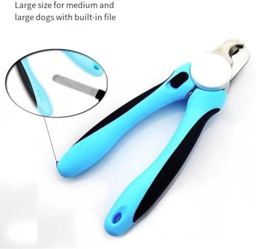 Blue heavy-duty dog nail clippers with a safety guard for large breeds and thick nails.