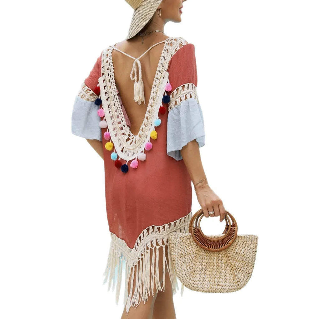 Orange floral beach overskirt with hand crochet stitching and bamboo cotton tassel decoration