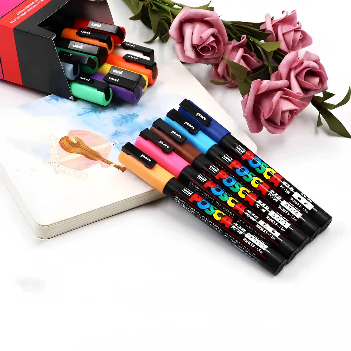 8-colour acrylic marker pen set with 0.9-1.3mm tips and 141mm pens in a plastic case.