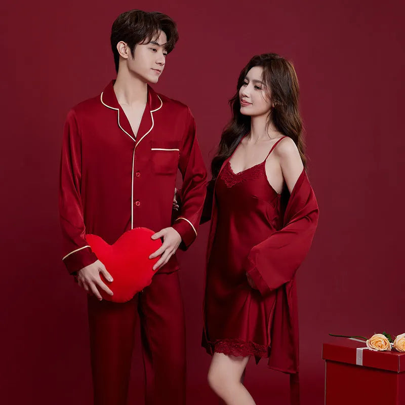 Red long sleeve pyjama set for men and women, presented as a wedding dowry gift.