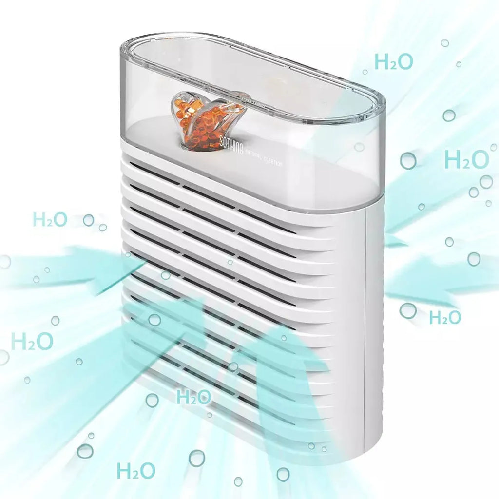White recyclable cabinet dehumidifier box with clear top showing orange silica gel beads.