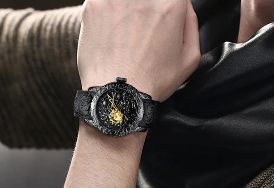 Dragon pattern mechanical watch with black rubber band, 50mm case, and gold or black colour options