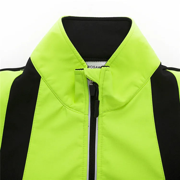 Soft shell thermal fleece cycling jacket in black with green, unisex polyester, sizes S to XXL, 586G