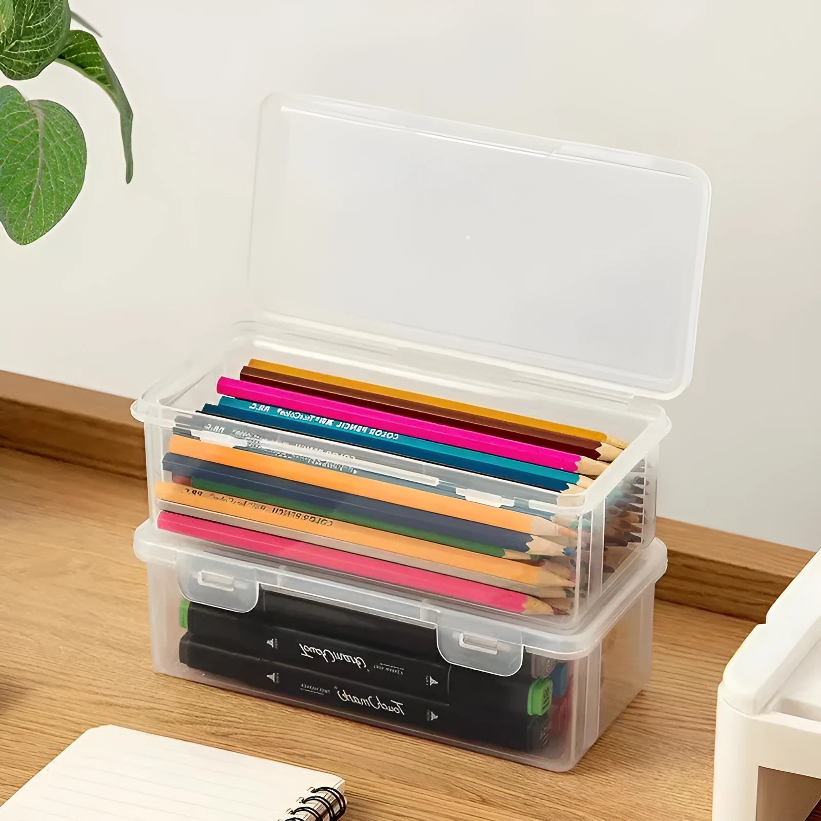Transparent plastic stationery storage box for pencils, crayons, and drawing tools