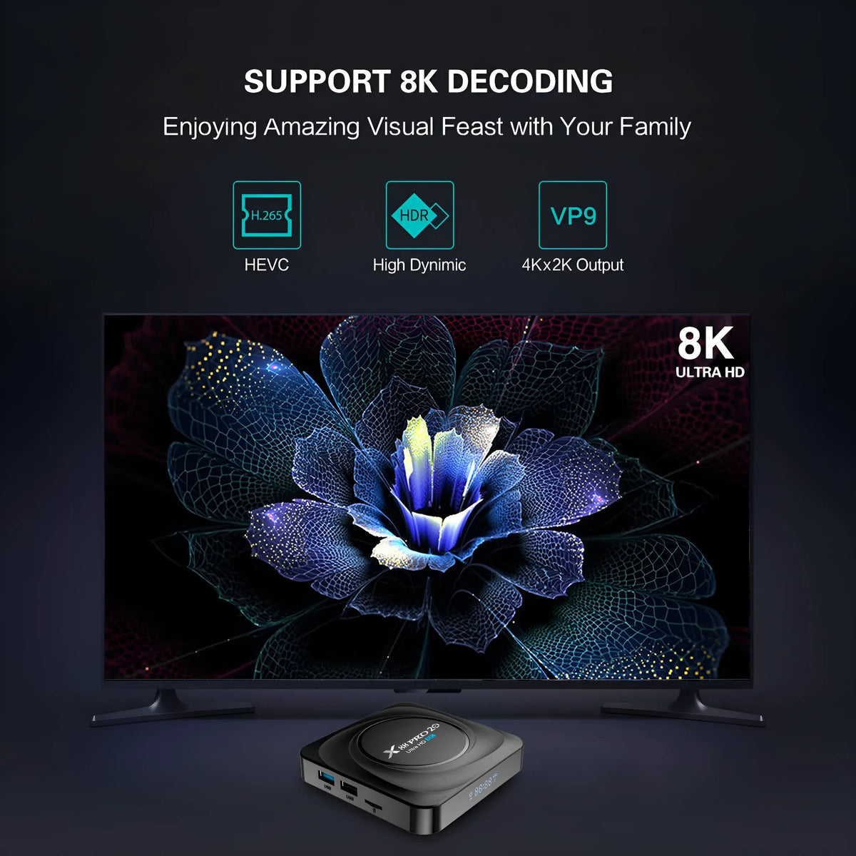 Compact black Android 11 smart TV box with HDMI port, remote control, and cables on a white background.