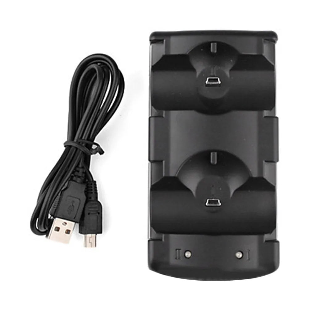Black PS3 dual controller charging dock with two controller bays and USB cable