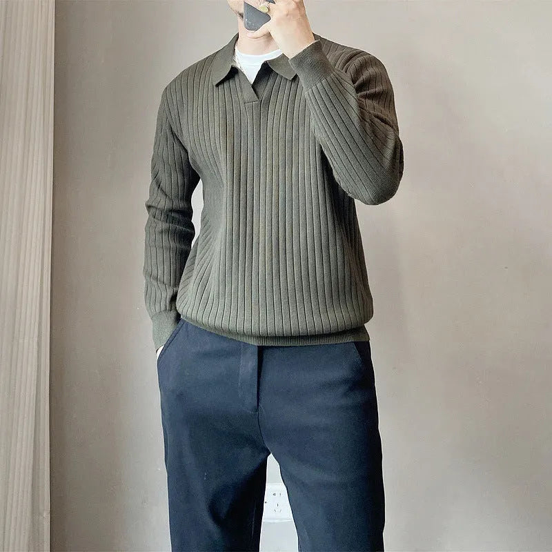 Men's loose grey modal knit sweater with rabbit fur trim detail on the chest, long sleeves.