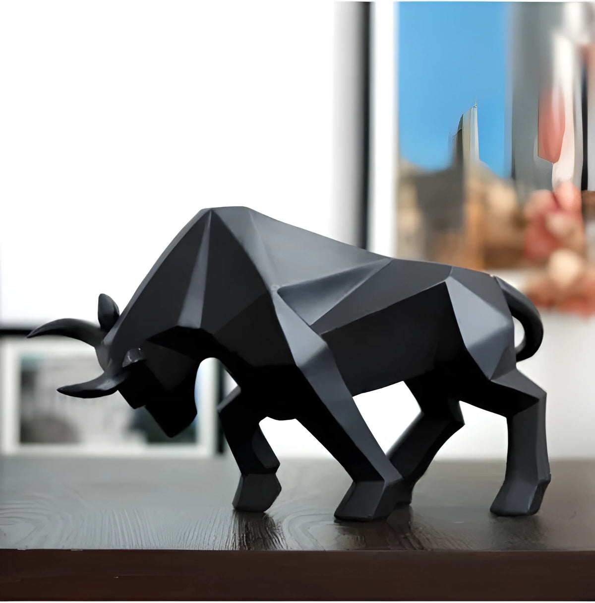 Black geometric resin bull sculpture, abstract bison statue for office or home decor, 35cm long