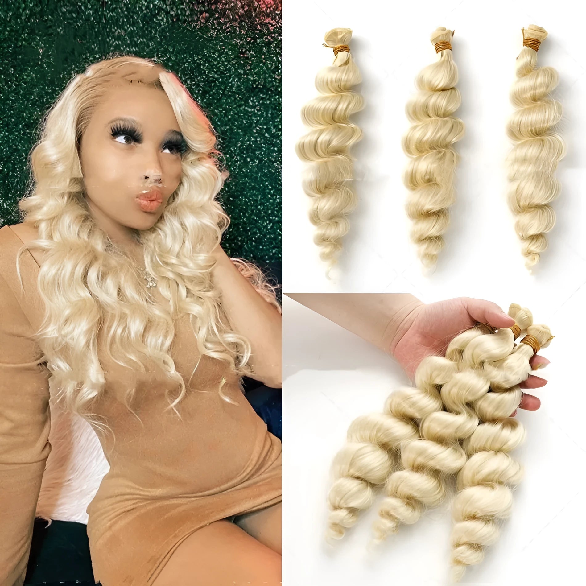Golden synthetic hair weft wig for women shown in 18, 20, and 22 inch length options.