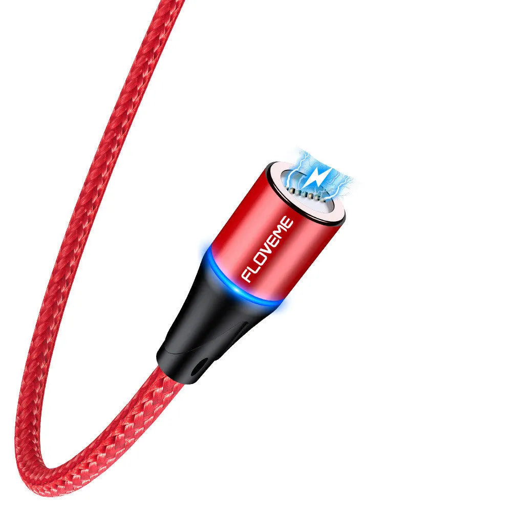 Magnetic charging cable with LED side lights in black colour, showing USB connector and magnetic phone attachment