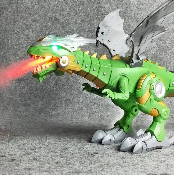 Intelligent robot toy dinosaur with sound, light, and water spray mist, 47x27x18cm, in white or green