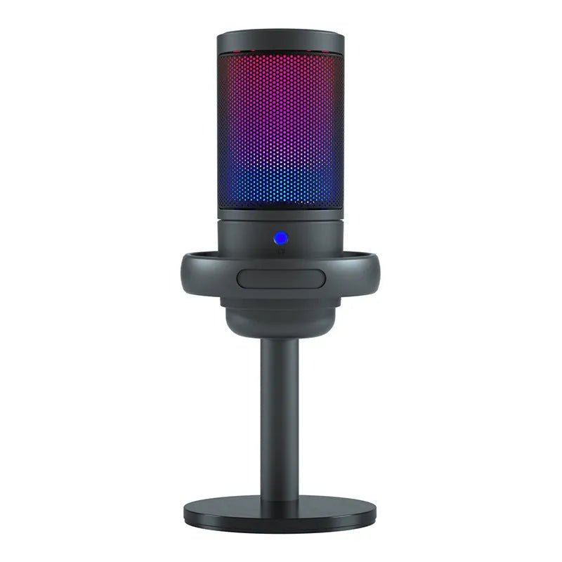 USB condenser microphone with colourful RGB lighting and adjustable cantilever arm on desktop
