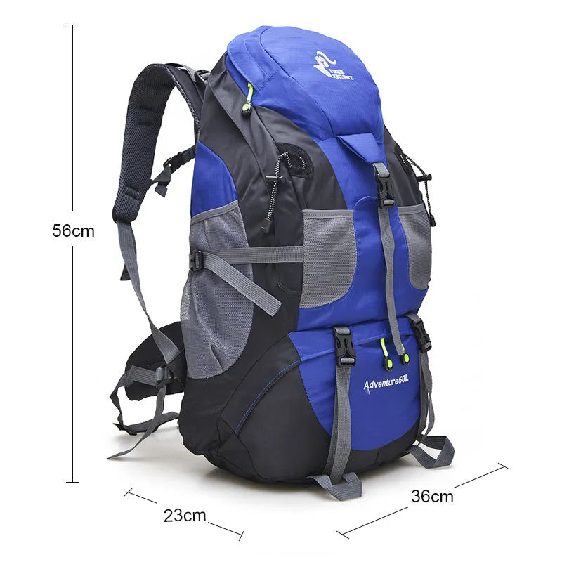 50L foldable outdoor backpack in nylon with waterproof function, adjustable straps and breathable back pad, shown in available colours.