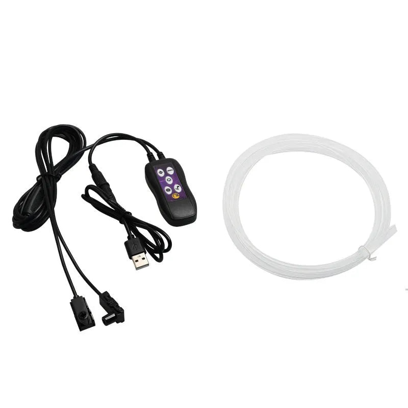 Car interior LED atmosphere lighting strip installed along dashboard with colour changing illumination