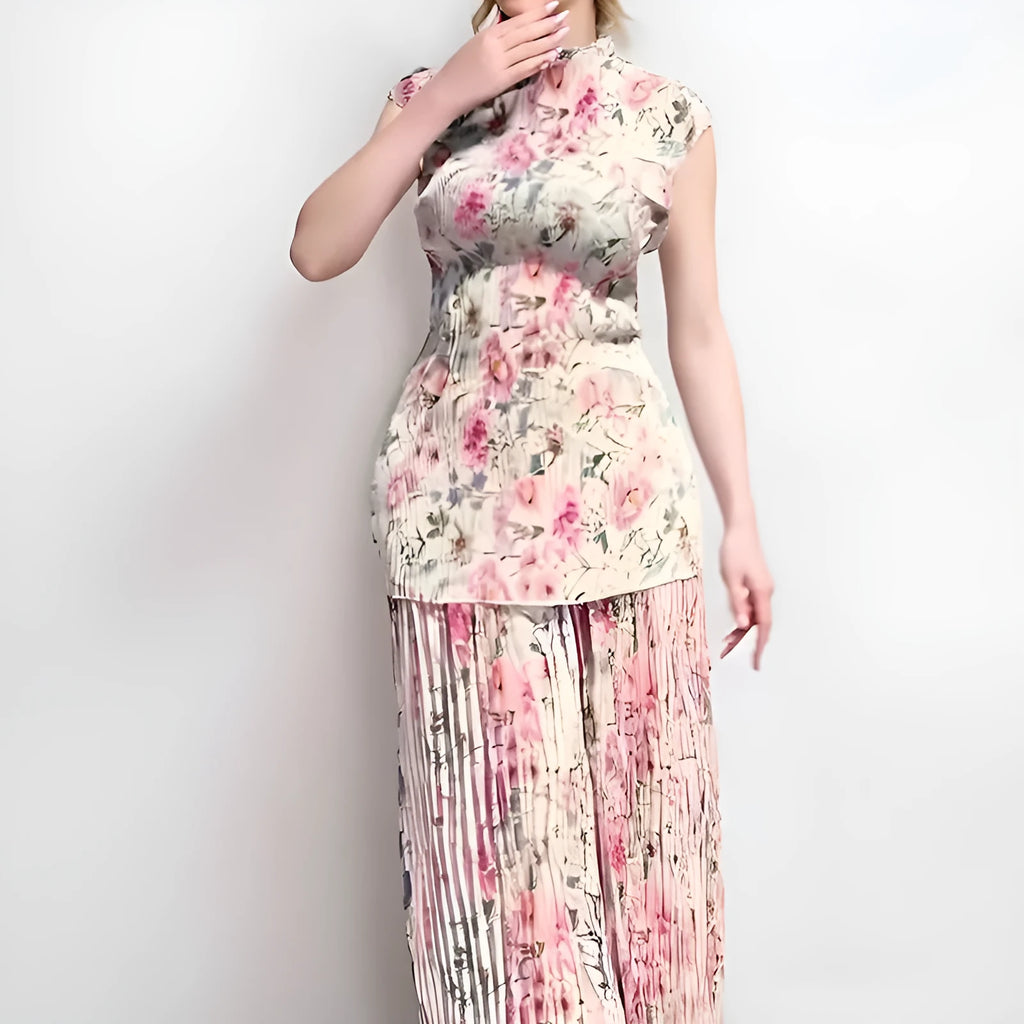 Printed chiffon two-piece dress set with long sleeves and high waist