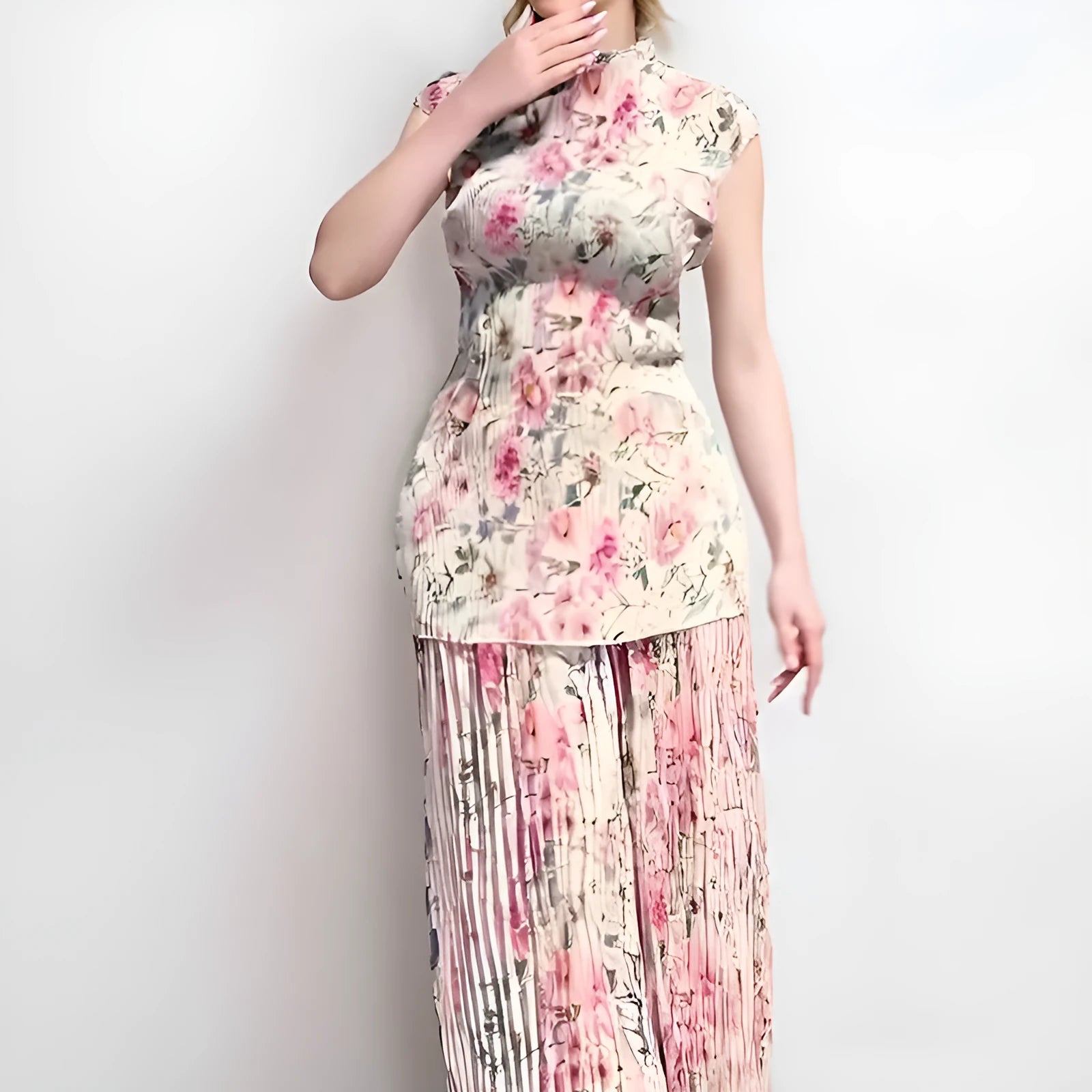 Printed chiffon two-piece dress set with long sleeves and high waist
