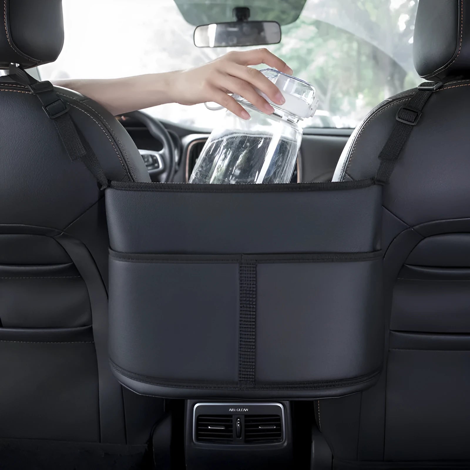 Black leather car seat net pocket storage bag with sports carbon fibre pattern