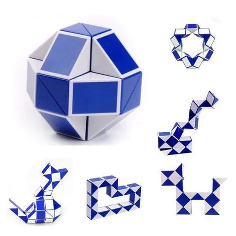 Magic Puzzle Snake twistable plastic fidget toy in small 5x5x5cm and large 7x7x7cm sizes with colourful segments.