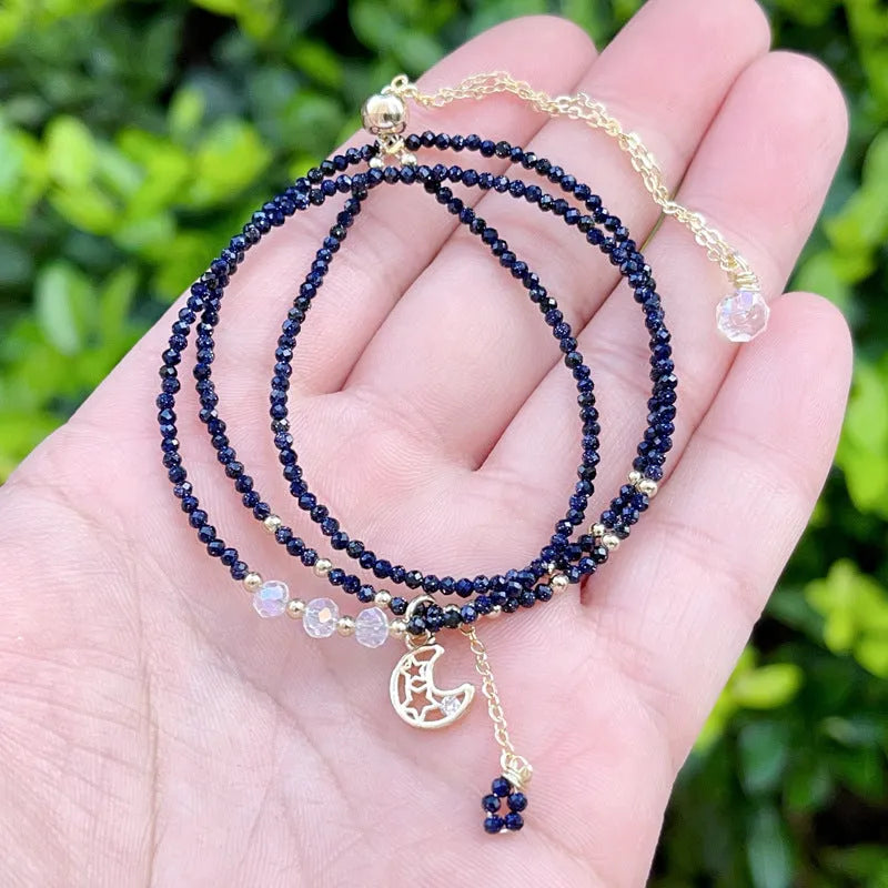 Blue sand stone three-ring bracelet for women with handmade multi-layer design