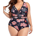 Black plus size women's swimsuit with all-over print pattern and mesh fabric stitching details