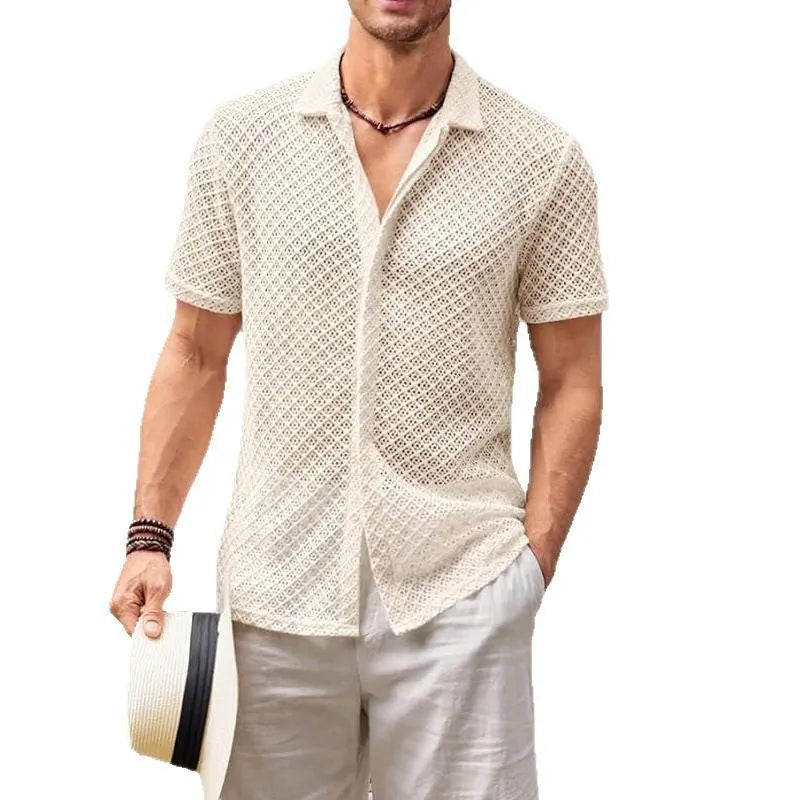 Men's beige mesh short sleeve shirt cardigan on hanger