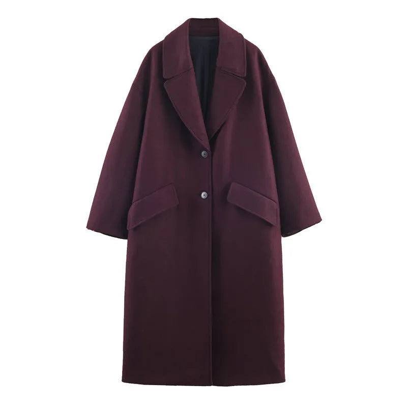 Women's loose fit wine red spandex long overcoat for commute