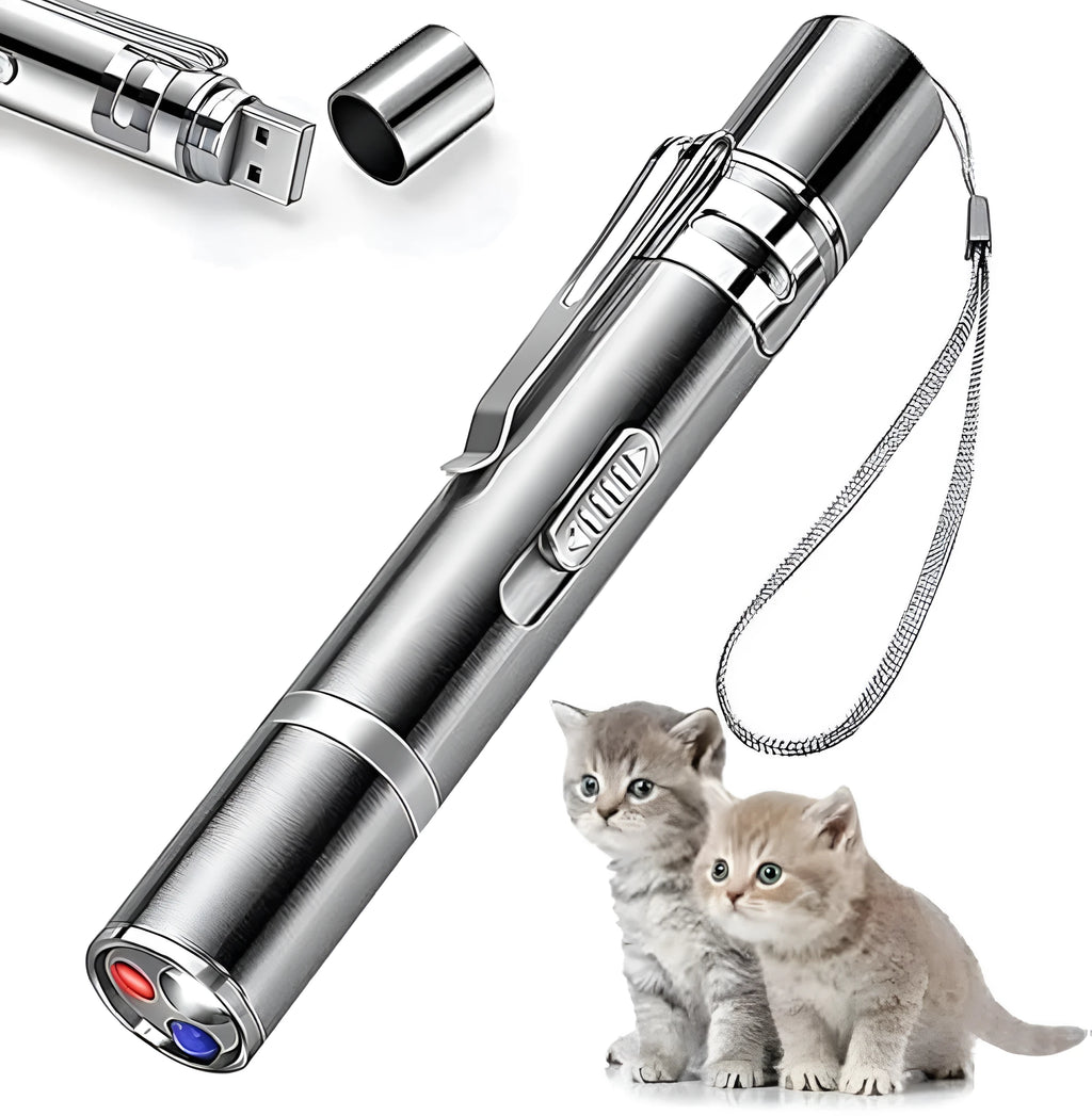 Silver aluminium cat laser pointer toy showing light patterns including red dot and mouse shape