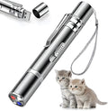 Silver aluminium cat laser pointer toy showing light patterns including red dot and mouse shape