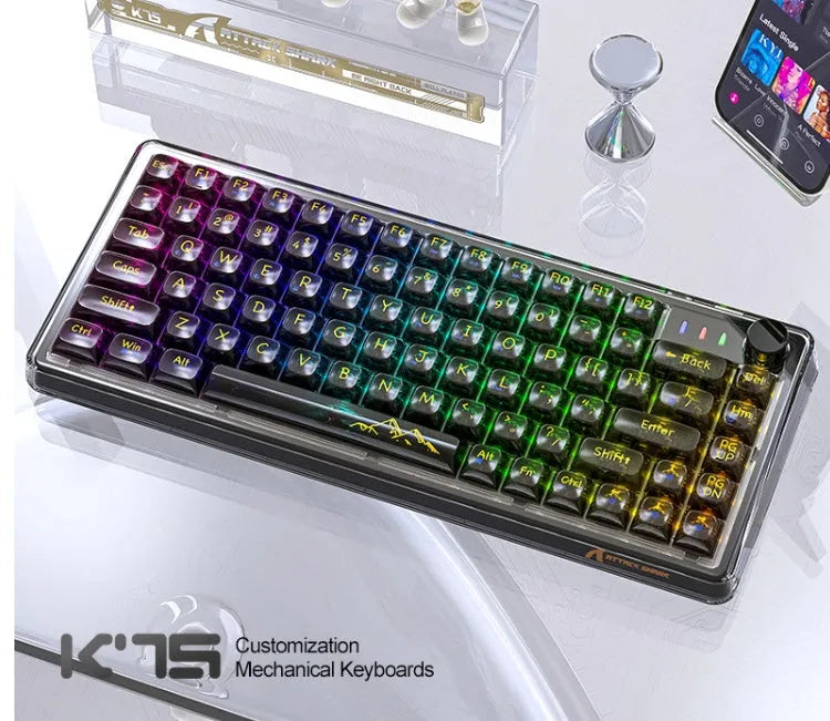 Attack Shark K75 transparent wireless mechanical keyboard with RGB lighting on black background