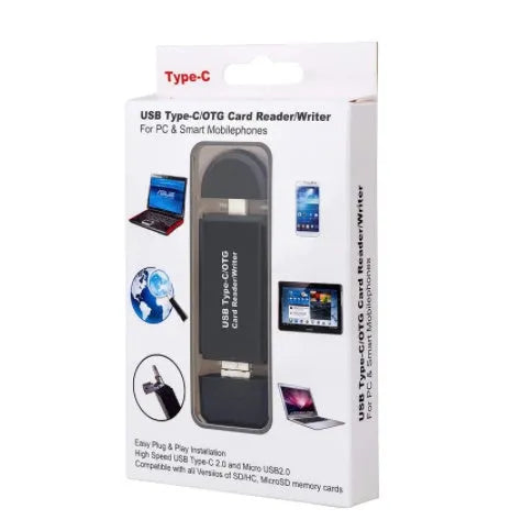Black USB 3.0 card reader for SD and TF memory cards with Type-C interface