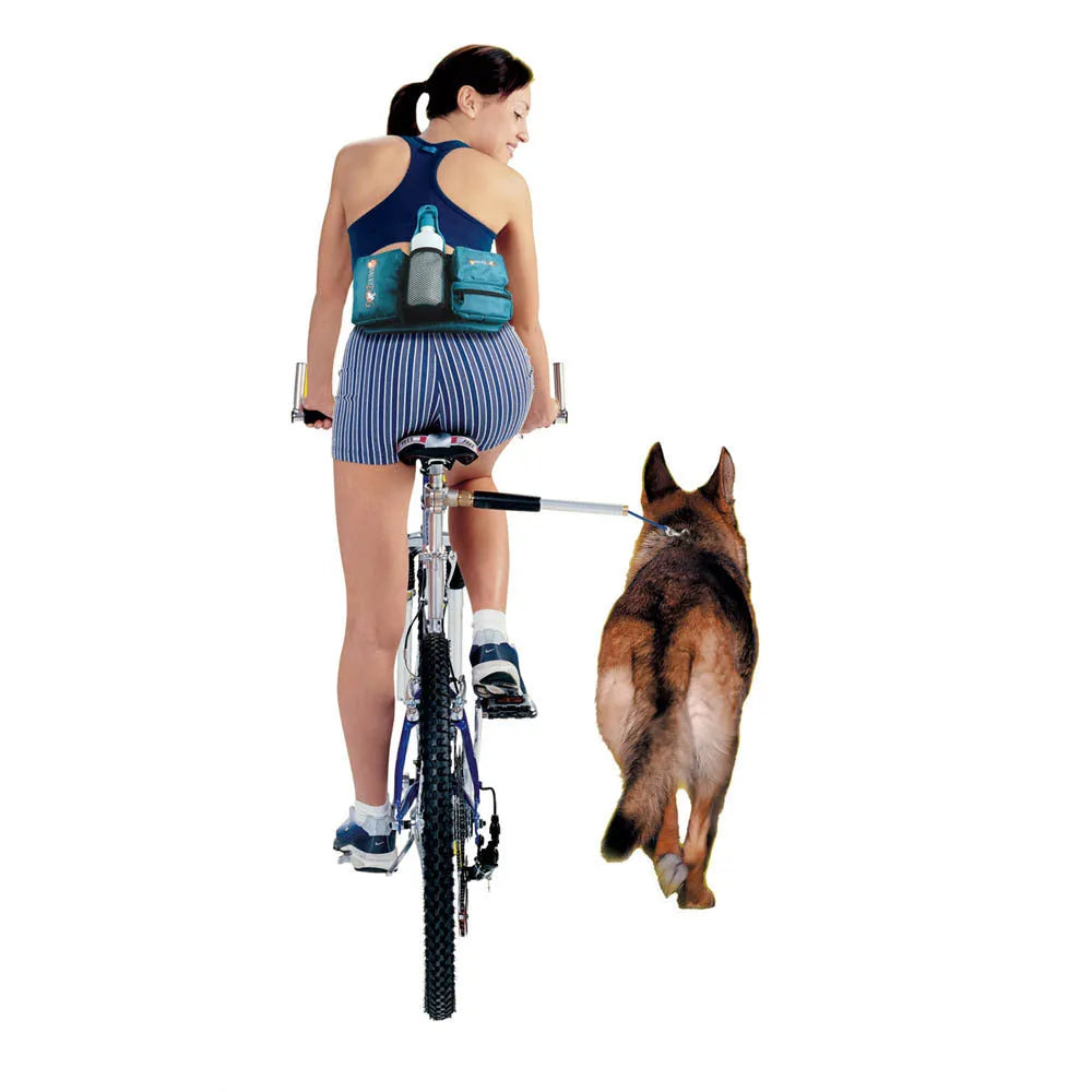 Bicycle dog walking hand holding rope pet traction lead with stainless steel chain ring on white background