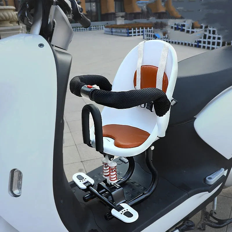 Front baby safety seat for electric scooters with high carbon steel frame in black, red, or white