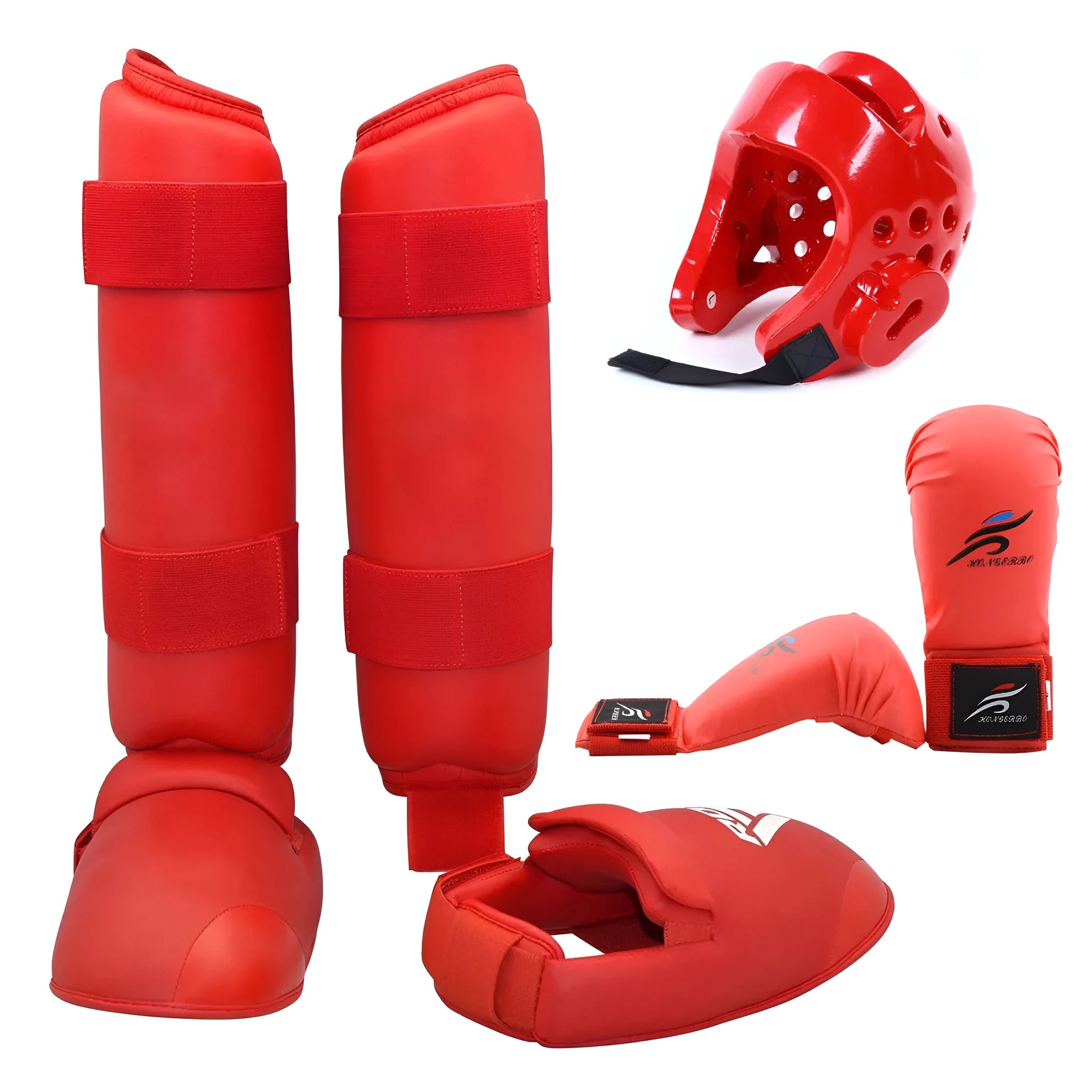 Red and blue karate protective gear set with leg guards, helmet and boxing gloves