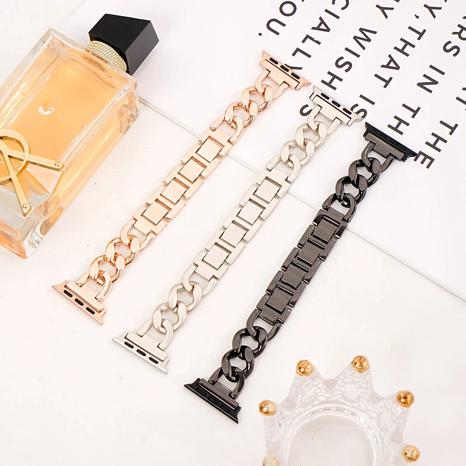 Silver metal chain link Apple Watch strap with 22mm lugs on a watch case
