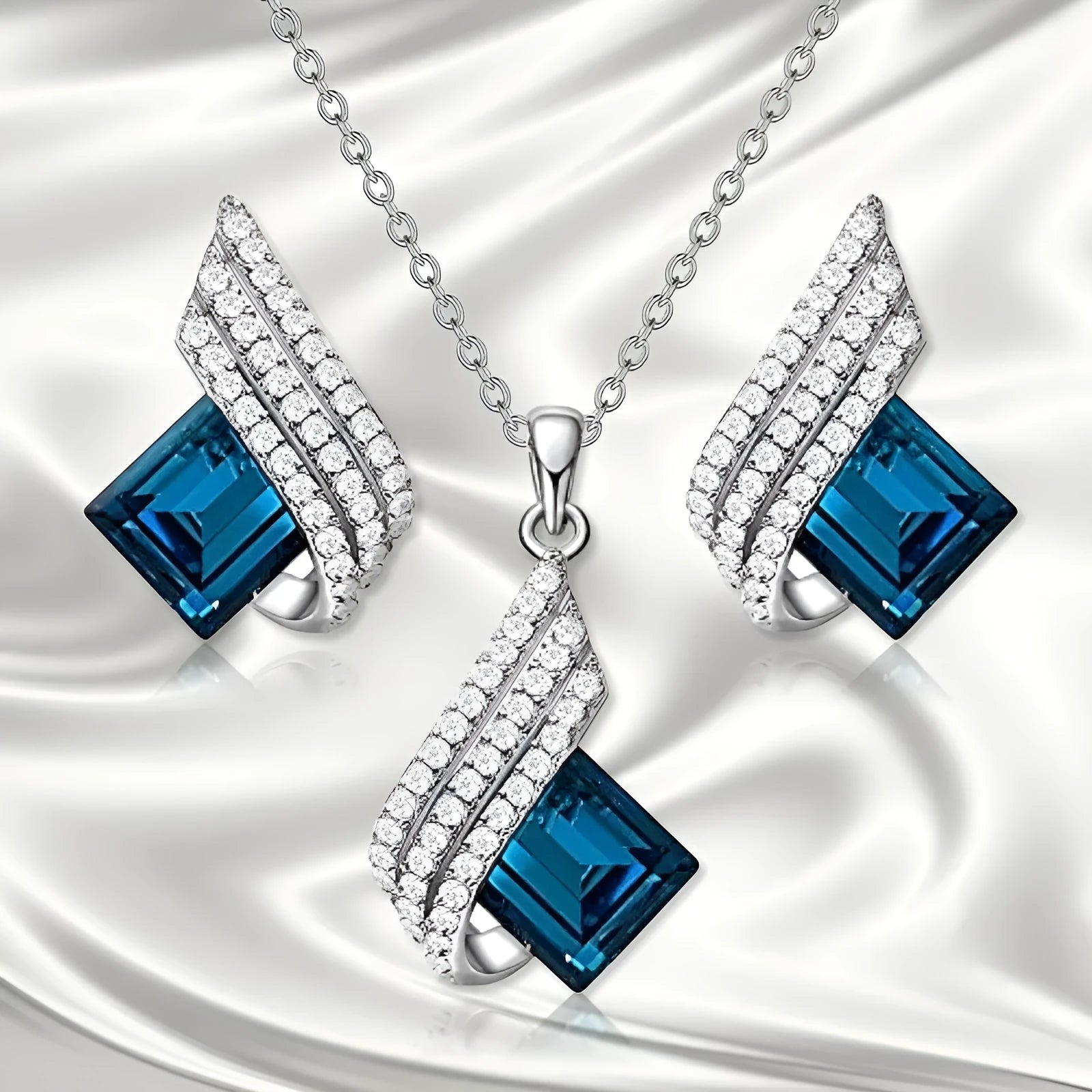 Women's alloy and glass necklace with matching ear studs featuring cross chain design