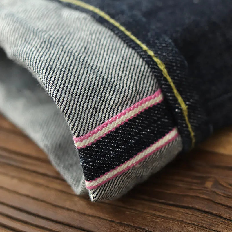 Men's high waist thickened denim trousers in dark indigo, long length, cotton denim, sizes 29-36