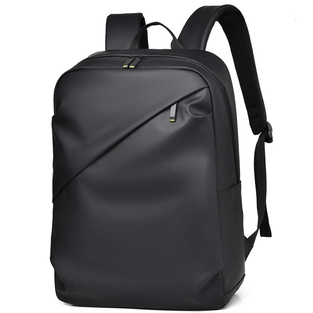 Waterproof PU leather backpack in black with contrast stitching and large capacity design