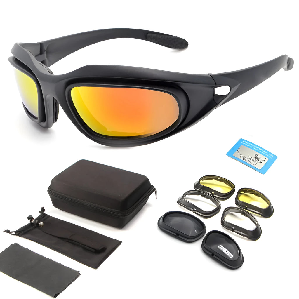 Sports sunglasses with polarized tactical lenses and a black PC full-rim frame on a grey background.