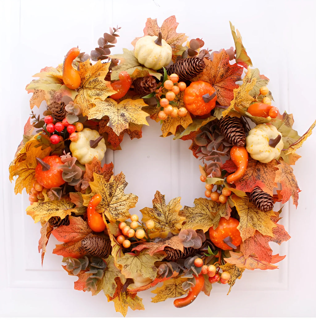 50cm autumn pumpkin wreath with fabric leaves, simulation pumpkins, berries and pine cones on a natural vine ring
