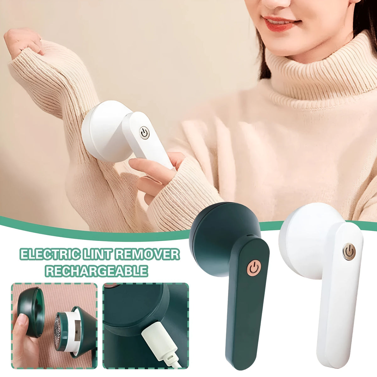 USB rechargeable electric lint remover in white or green with six-leaf stainless steel blade and lint collector container