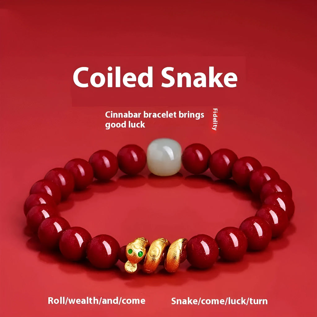 Close-up of a handmade cinnabar bracelet with snake zodiac beads in a Chinese style.