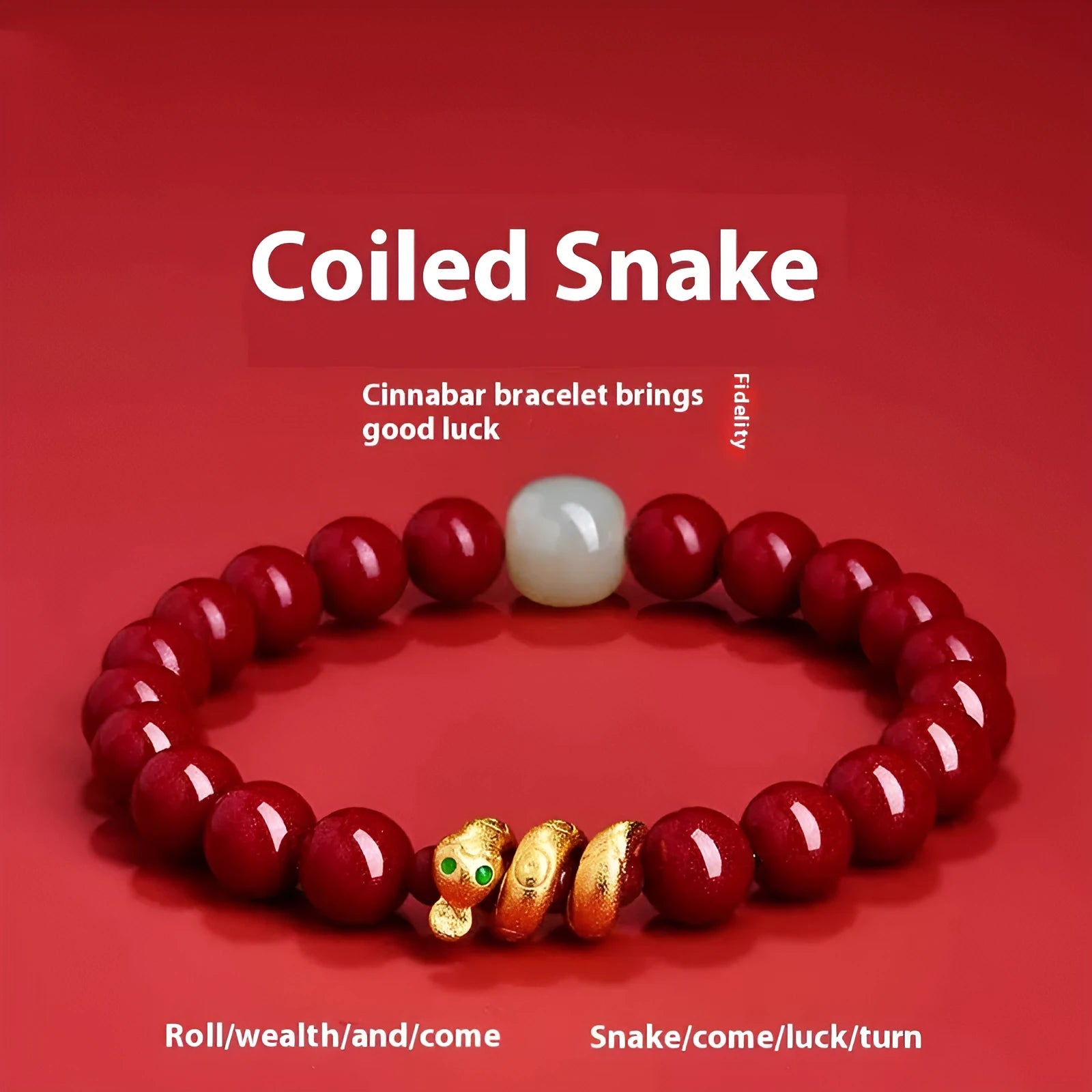 Close-up of a handmade cinnabar bracelet with snake zodiac beads in a Chinese style.