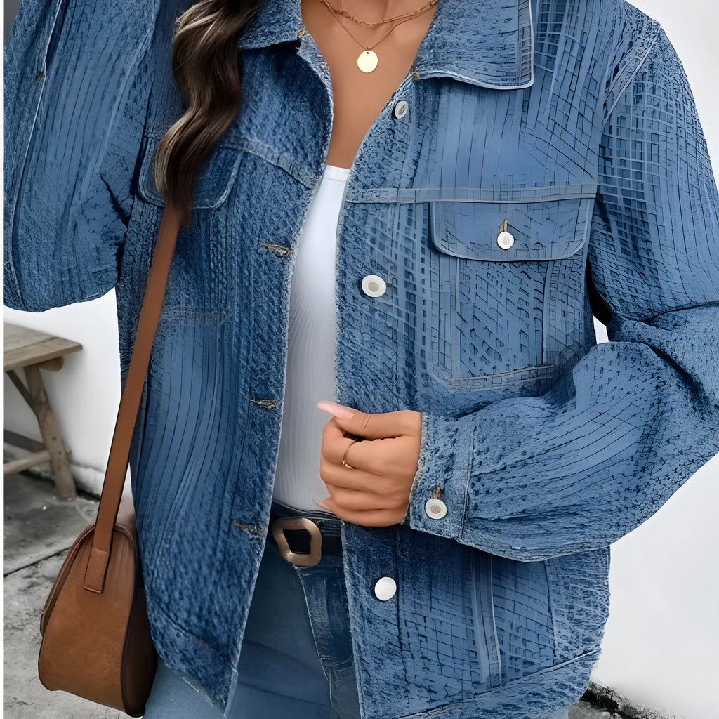 Blue double flap pocket denim textured button down jacket for women, cotton blend, sizes S to 2XL