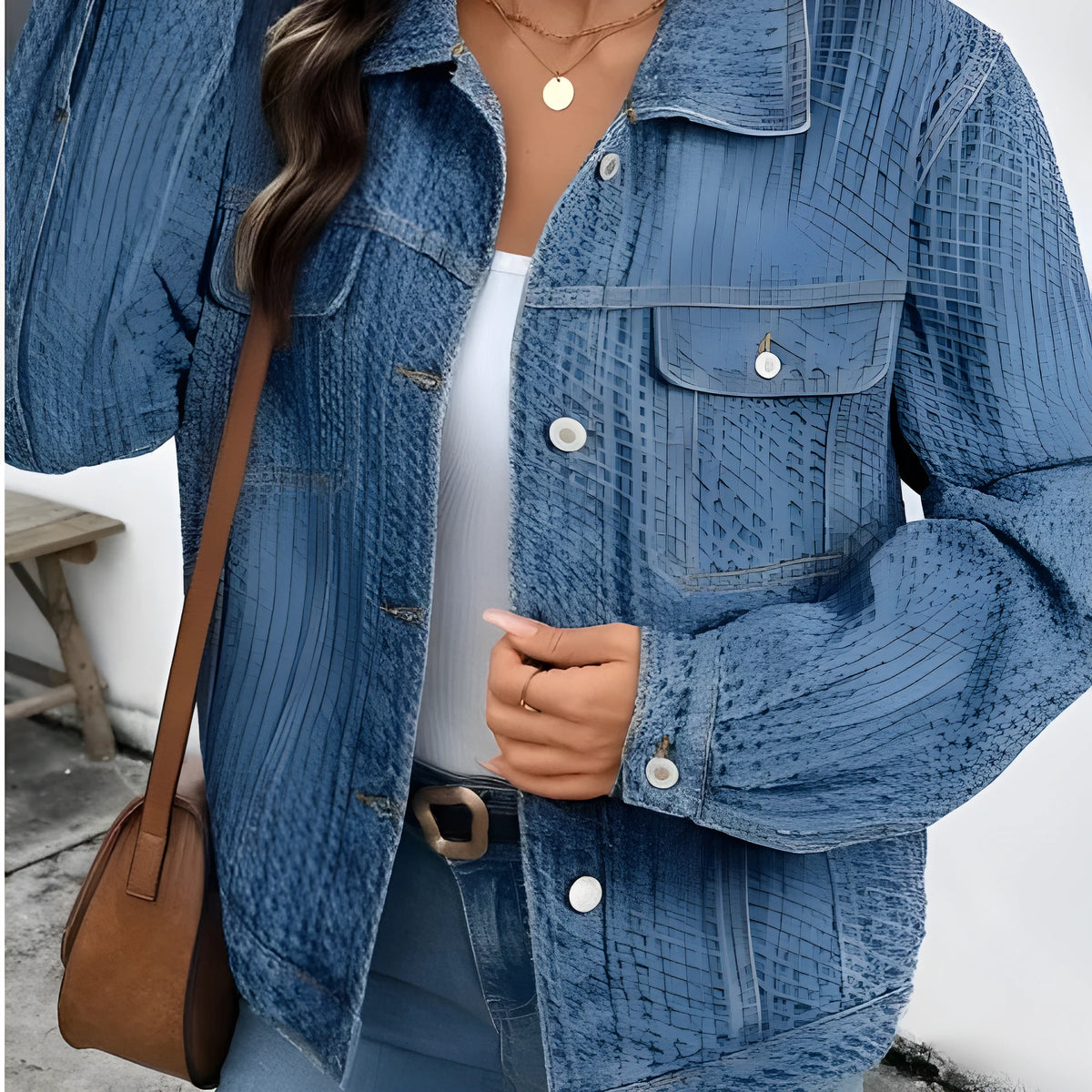 Blue double flap pocket denim textured button down jacket for women, cotton blend, sizes S to 2XL