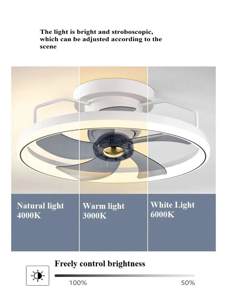 Modern ceiling fan lamp with integrated light fixture, 500mm diameter with PC blades and acrylic lampshade
