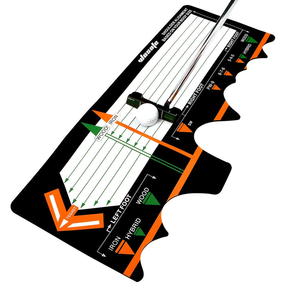 Black neoprene golf swing stance training mat with alignment markings for posture correction