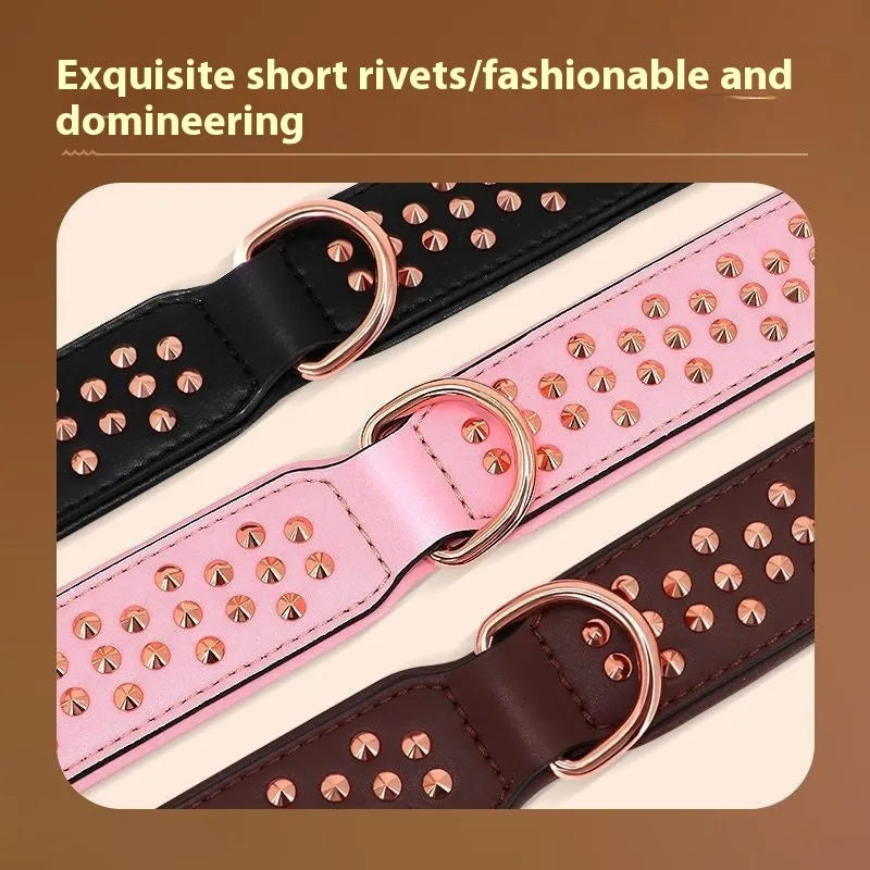 Leather dog collar with anti-bite rivets in black, chocolate, or pink colours