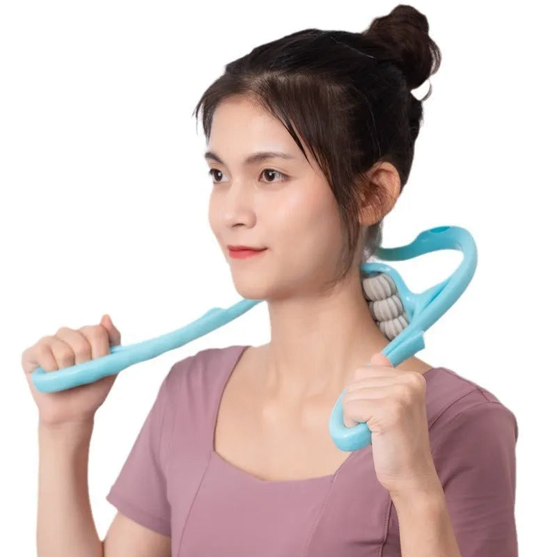 Blue handheld six-wheel massager for neck, shoulder, and waist.